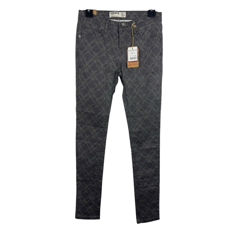 Cotton On Colour Maison Skinny Leg Wallpaper Fleur De Lis Gray Denim Size 4 NWT